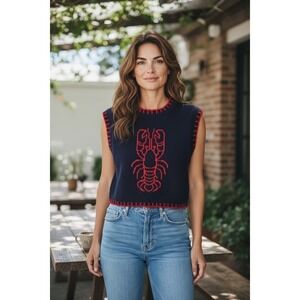 Moon & Madison Navy Red Lobster Knit Sweater Vest‎ Women S Cropped Sleeveless